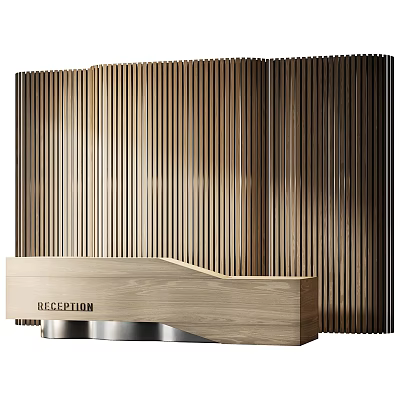 Modern Wooden Reception Desk With Vertical Striped Backdrop Silver Base And Reception Sign 3d model