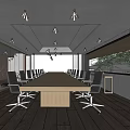 Modern Conference Room Interior With Long Table Office Chairs Ceiling Lighting And Plants