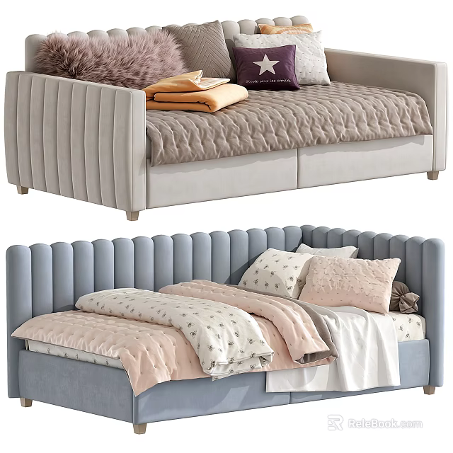 Light Gray And Blue Kids Bed With Upholstered Headboard Soft Pillows Blankets And Stuffed Toys 3d model 