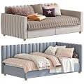 Light Gray And Blue Kids Bed With Upholstered Headboard Soft Pillows Blankets And Stuffed Toys