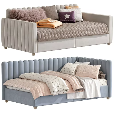 Light Gray And Blue Kids Bed With Upholstered Headboard Soft Pillows Blankets And Stuffed Toys 3d model