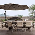 Outdoor Landscape Seats on Wooden Deck with Umbrella Green Plants and Mountain View