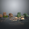 Wood And Stone Materials Display With Small Trees And Architectural Components 3d model