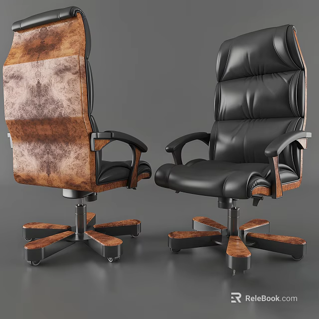 Comfortable Modern Office Chair With Brown Black Leather And Wooden Five Star Base 3d model 
