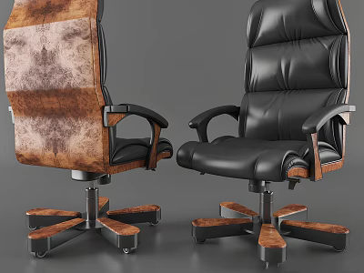 Comfortable Modern Office Chair With Brown Black Leather And Wooden Five Star Base 3d model