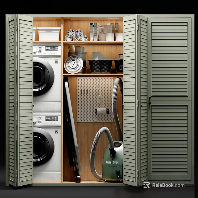 Efficient Washer Dryer Stack In Green Louvered Cabinet With Storage And Vacuum 3d model 