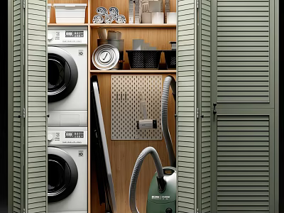 Efficient Washer Dryer Stack In Green Louvered Cabinet With Storage And Vacuum 3d model