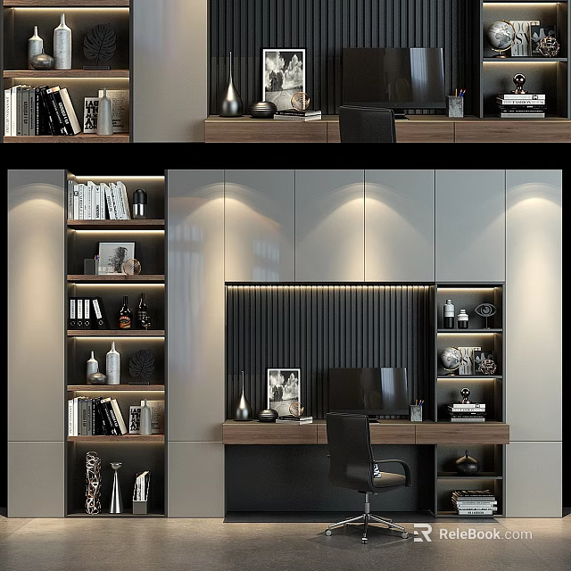 Modern Study Room Desk Chair Set With Wooden Table Black Chair And Bookshelves 3d model 
