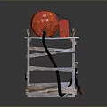 Red Cylindrical Object Mounted On Wooden Stand With Metal Binding Straps