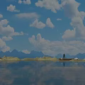 Tranquil Landscape With Blue Sky White Clouds Mountain Reflections Man In Boat On Calm Water
