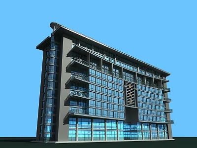 Modern Tall Hotel Building Exterior with Glass Curtain Walls and Balconies 3d model