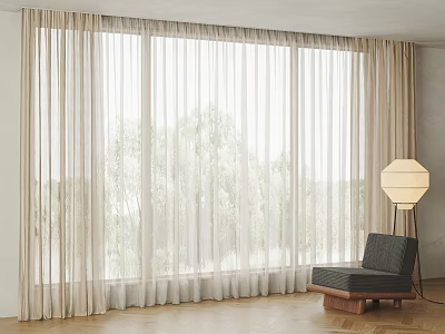 Neutral Translucent Lightweight Curtains In Modern Room With Green Trees Armchair And Floor Lamp 3d model
