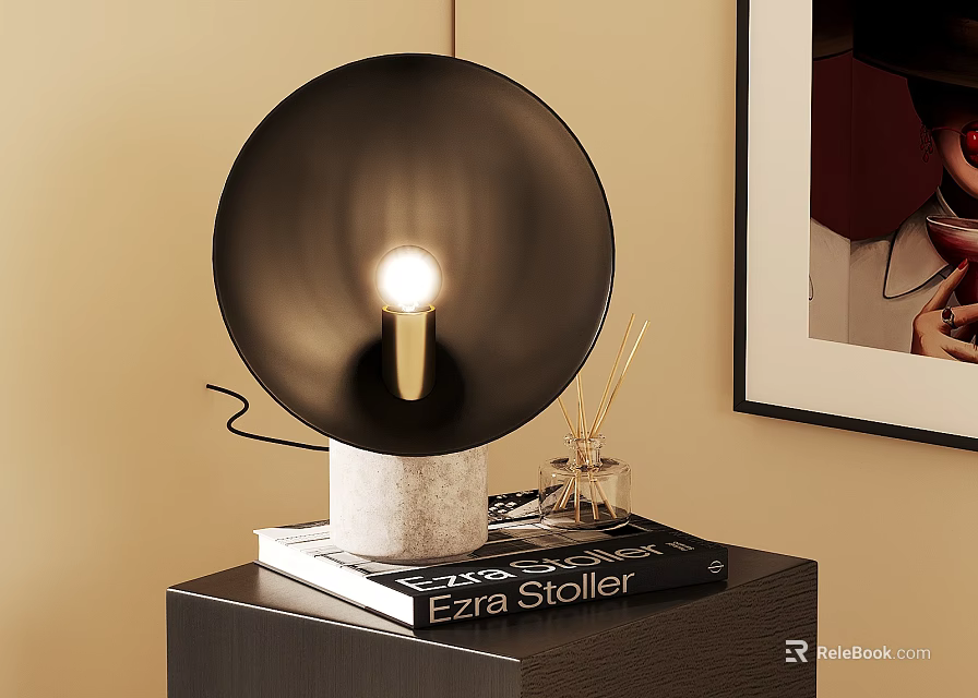 Modern Table Lamp with Black Lampshade White Marble Base Ezra Stoller Book and Aromatherapy Sticks 3d model 