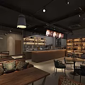 Modern Cafe Interior Design With Wooden Tables Wicker Chairs Hanging Decorations And Warm Lighting