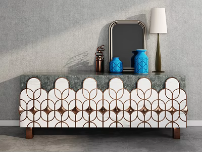 Modern Entryway Console Table With White Copper Geometric Pattern And Blue Vases Mirror Table Lamp 3d model