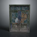 Old Weathered Wooden Double Door With Peeling Green Blue Paint And Broken Glass