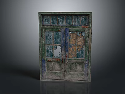 Old Weathered Wooden Double Door With Peeling Green Blue Paint And Broken Glass 3d model