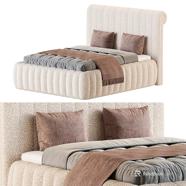 Modern Bed Design With Tufted Headboard Beige Fabric Brown Pillows And Gray Blanket 3d model 