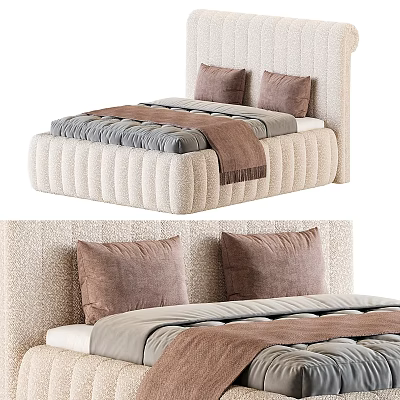 Modern Bed Design With Tufted Headboard Beige Fabric Brown Pillows And Gray Blanket 3d model