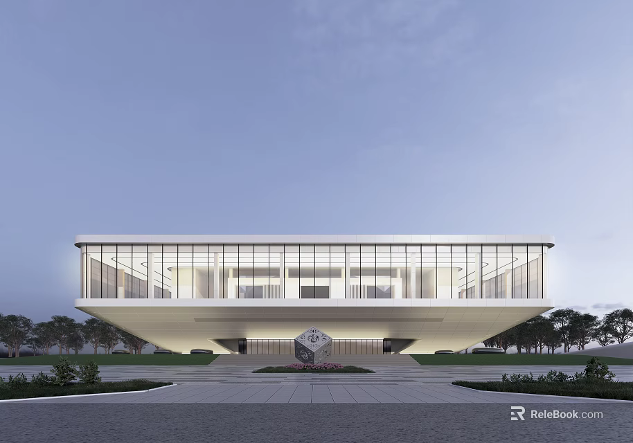 Modern Architectural Building with Expansive Glass Facade Floating Structure and Landscaped Entrance in Twilight Sky 3d model 