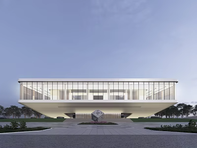 Modern Architectural Building with Expansive Glass Facade Floating Structure and Landscaped Entrance in Twilight Sky 3d model