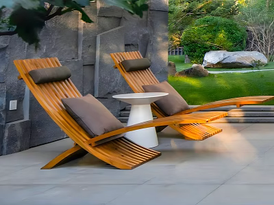 Wooden Outdoor Lounge Chairs With Gray Cushions And White Side Table 3d model