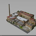Old Industrial Factory Buildings With Red Gray Roofs Chimney And Green Plants