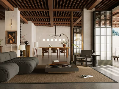 Elegant Modern Living Room Interior With Wooden Ceiling Gray Sofa Coffee Table And Pendant Lighting 3d model