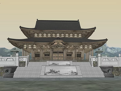 Ancient Traditional Architecture With Wooden Structure Multi Tiered Roof Stone Steps And Decorative Carvings 3d model