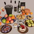 Assorted Fresh Fruits Pastries Cakes Nuts And Beverages Including Coffee Juice And Wine