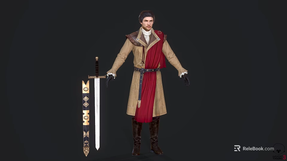 Game Movie Character In Brown Long Coat With Red Cape And Decorative Sword 3d model 