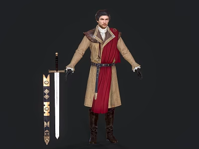 Game Movie Character In Brown Long Coat With Red Cape And Decorative Sword 3d model