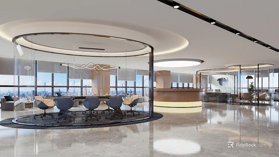 Modern Conference Room Featuring Round Glass Partition Conference Table Black Chairs Large Windows Marble Floor 3d model 
