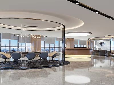 Modern Conference Room Featuring Round Glass Partition Conference Table Black Chairs Large Windows Marble Floor 3d model