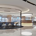 Modern Conference Room Featuring Round Glass Partition Conference Table Black Chairs Large Windows Marble Floor