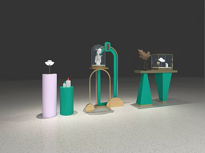 Elegant Luxury Jewelry Display With Green Pink Stands Glass Domes And Floral Decorations 3d model