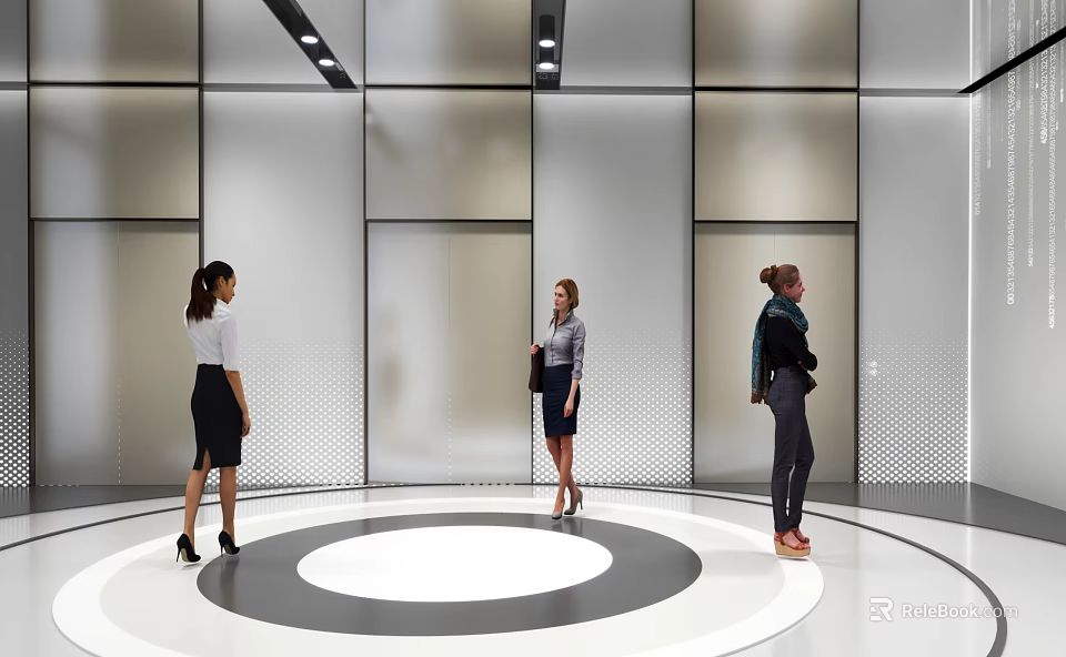 Modern Elevator Hall With Circular Floor And Women Waiting By Doors 3d model 