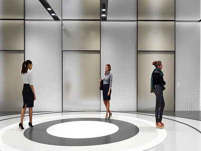 Modern Elevator Hall With Circular Floor And Women Waiting By Doors 3d model