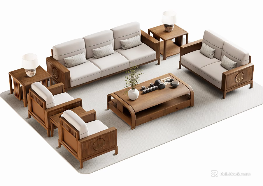 Elegant Wooden Sofa and Coffee Table Set with Side Tables Table Lamps and Cushions 3d model 