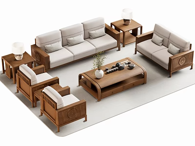 Elegant Wooden Sofa and Coffee Table Set with Side Tables Table Lamps and Cushions 3d model