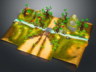 Cartoon Scene Map With Lush Green Grass Trees Wooden Bridge Small River And Rocks Path 3d model