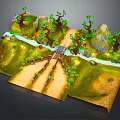Cartoon Scene Map With Lush Green Grass Trees Wooden Bridge Small River And Rocks Path