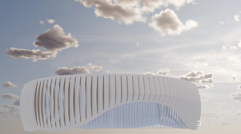 Modern Architectural Structure Featuring White Wavy Design Against Blue Cloudy Sky 3d model 