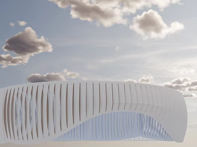 Modern Architectural Structure Featuring White Wavy Design Against Blue Cloudy Sky 3d model