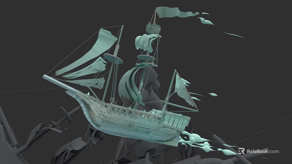 Teal 3D Model Sailing Ship With Multiple Sails And Decorative Flags 3d model 