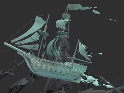 Teal 3D Model Sailing Ship With Multiple Sails And Decorative Flags 3d model