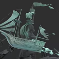 Teal 3D Model Sailing Ship With Multiple Sails And Decorative Flags