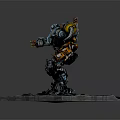 3D Mech Model Standing with Blue Orange Armor and Mechanical Weapon on Rock Base