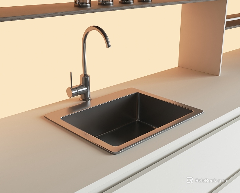 Modern Black Single Bowl Kitchen Sink With Faucet On Light Countertop 3d model 