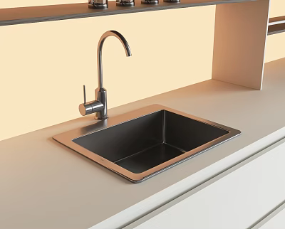 Modern Black Single Bowl Kitchen Sink With Faucet On Light Countertop 3d model